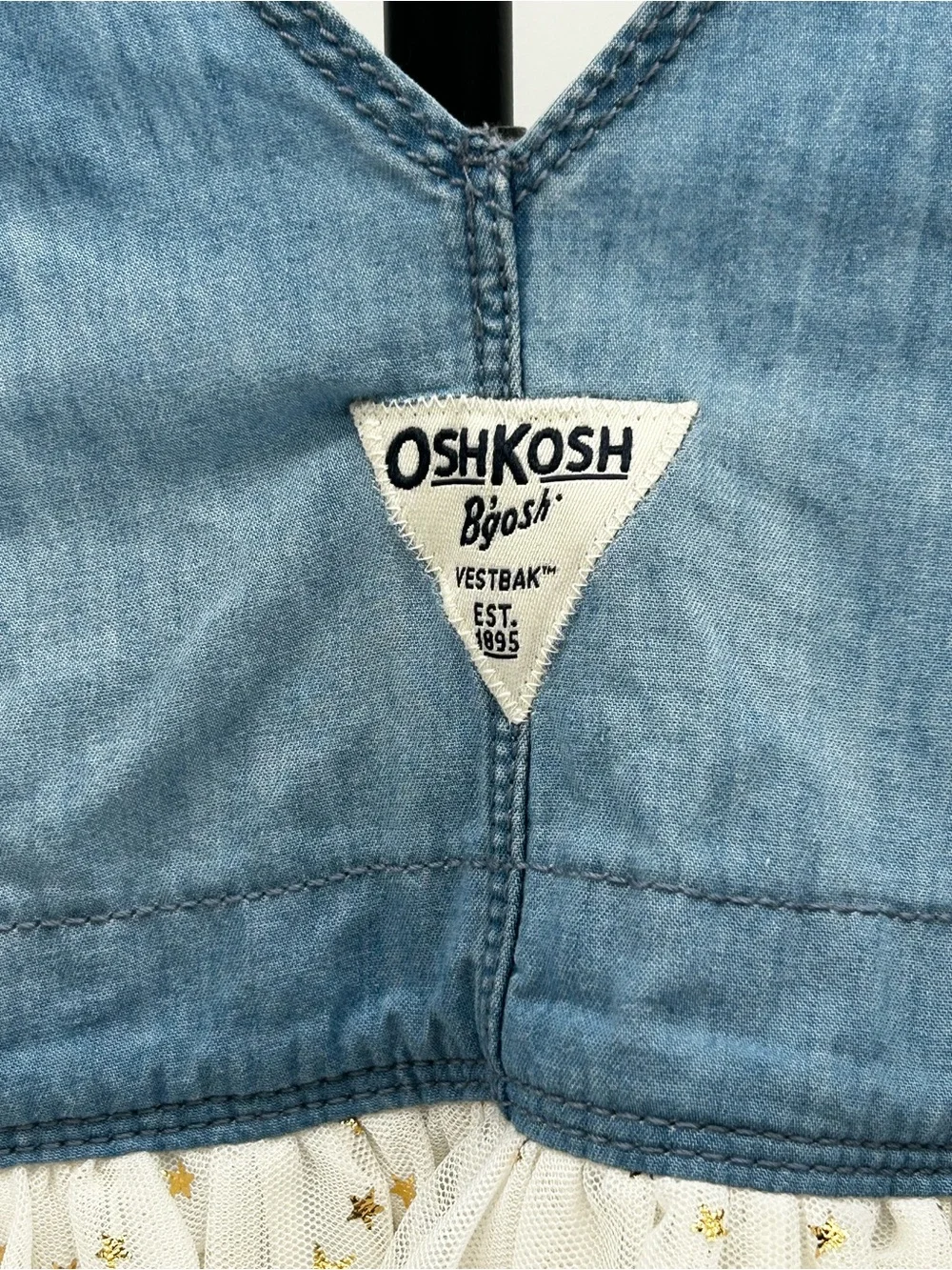 OshKosh B'gosh Blue Denim Overall Dress with Cream Tulle and Gold Stars Size 9M